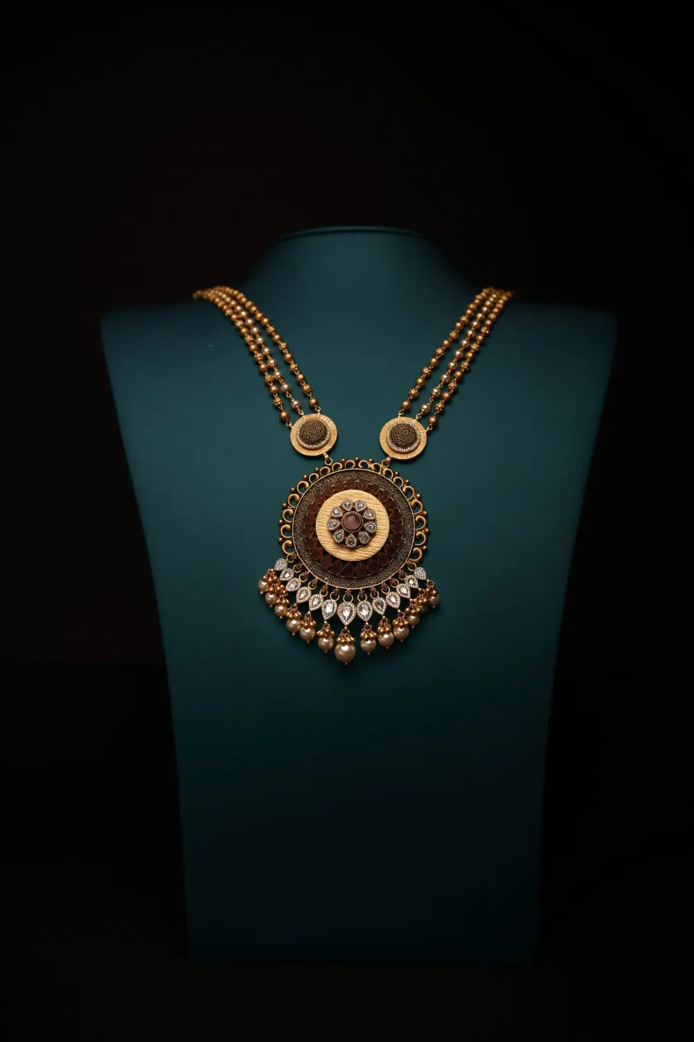 A gold necklace with a pendant on a dark display bust