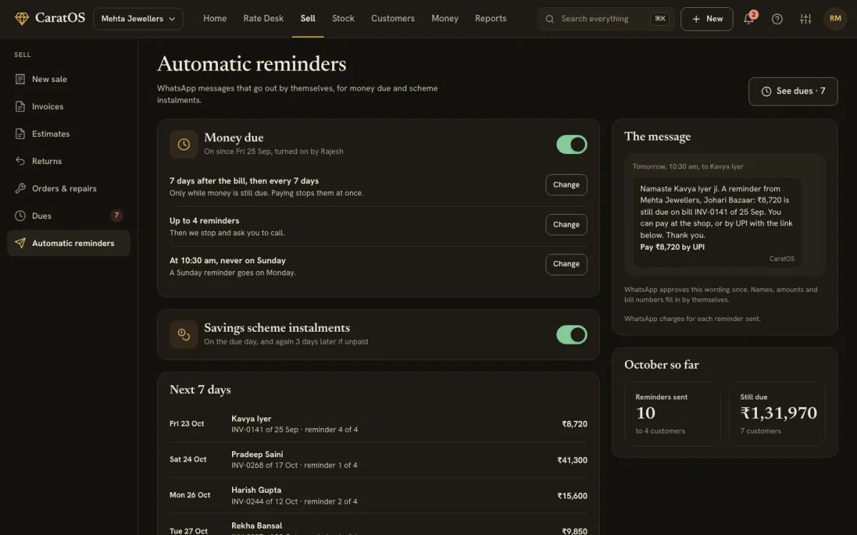 Automatic reminders: when they go, the WhatsApp message and who is due in the next 7 days