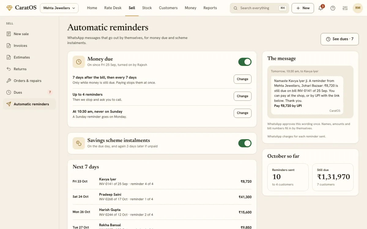 Automatic reminders: when they go, the WhatsApp message and who is due in the next 7 days