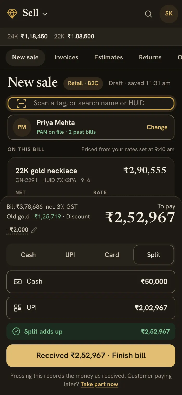 A new sale in CaratOS on a phone